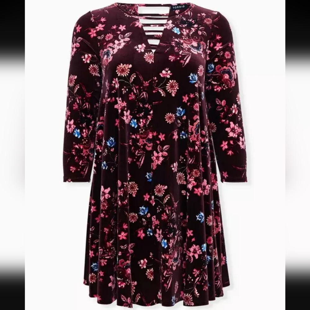Torrid 00 M/L 10/12 Medium Large Floral Velvet Dress Long Sleeve Strappy Flare